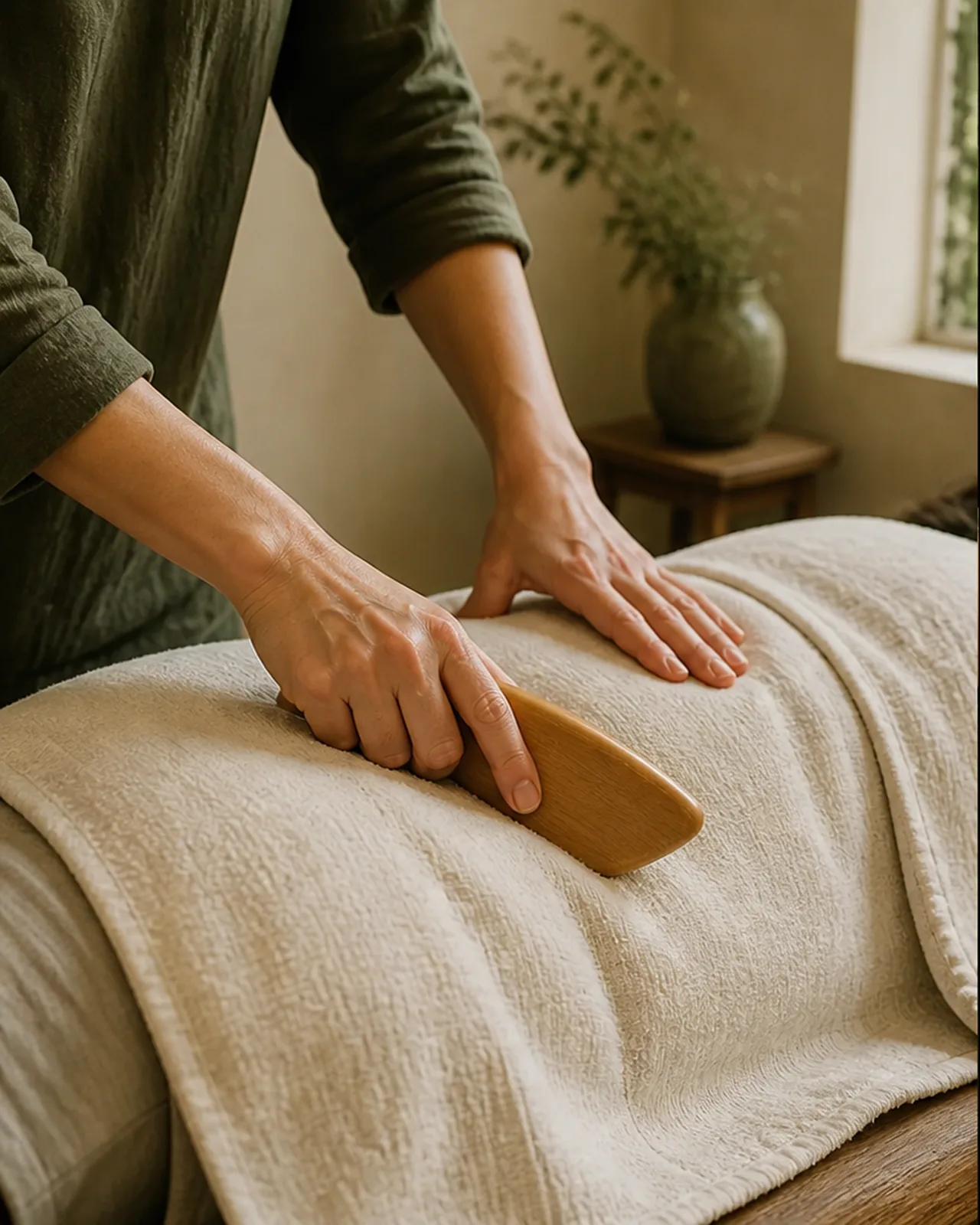 Faszienmassage mit einem Hilfsmittel am Oberschenkel