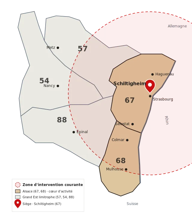Carte d'Alsace : zones d'intervention depuis Schiltigheim