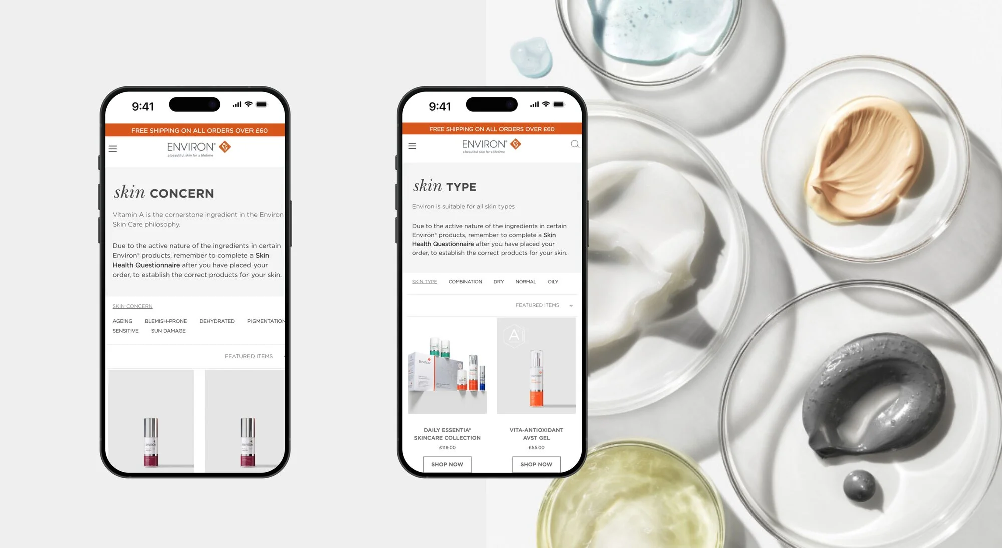 Environ skin concern and skin type pages shown on mobile