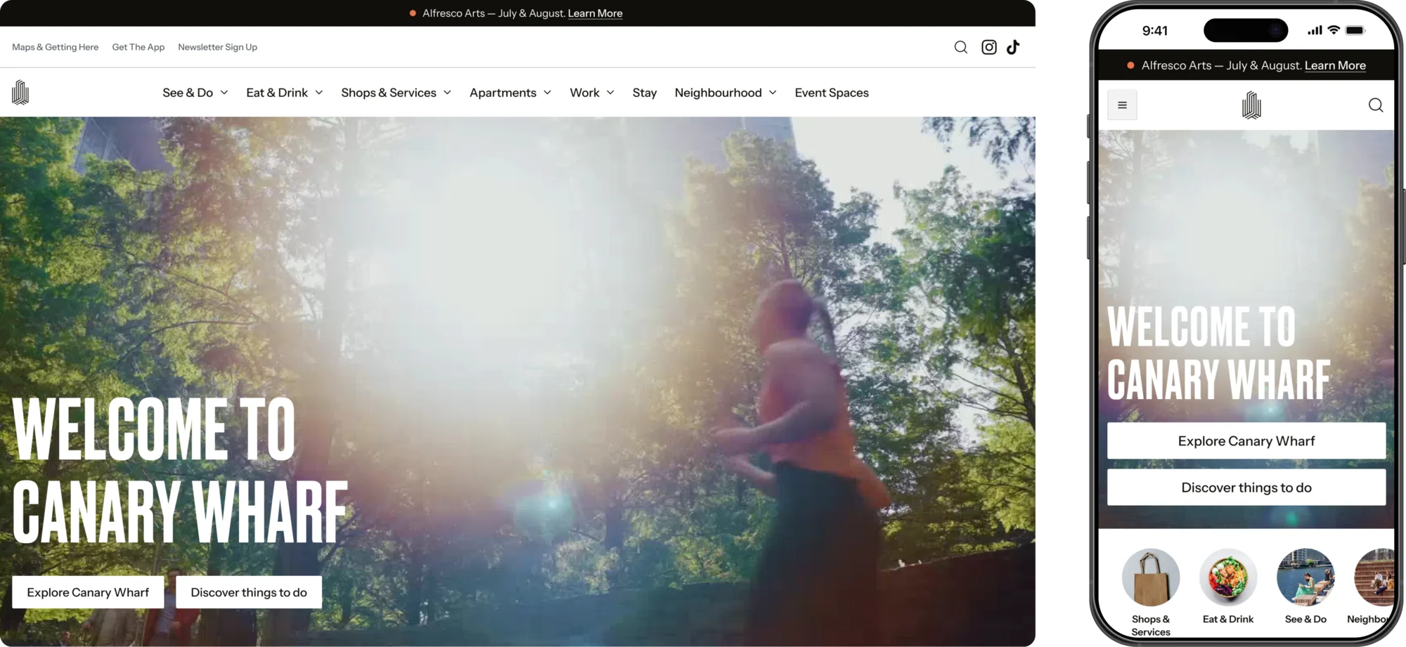 Canary Wharf destination homepage on desktop and mobile
