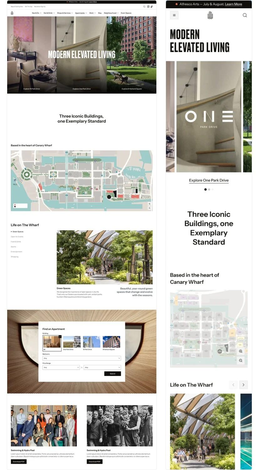 Canary Wharf residential property experience on desktop and mobile