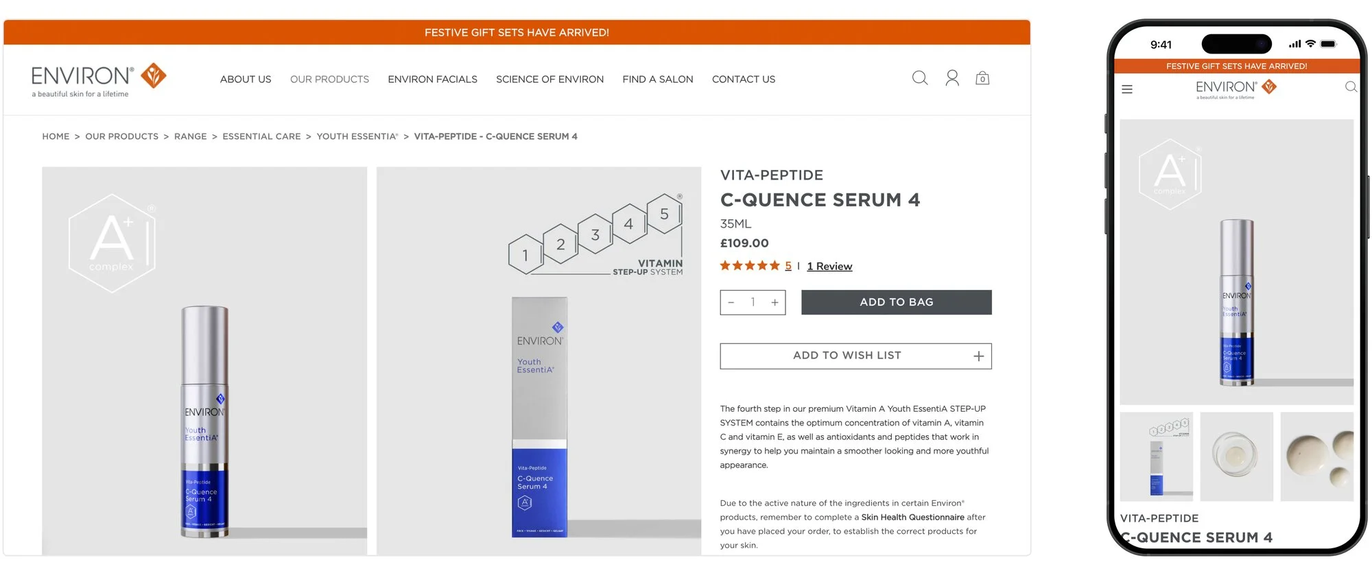 Environ product page shown on desktop and mobile
