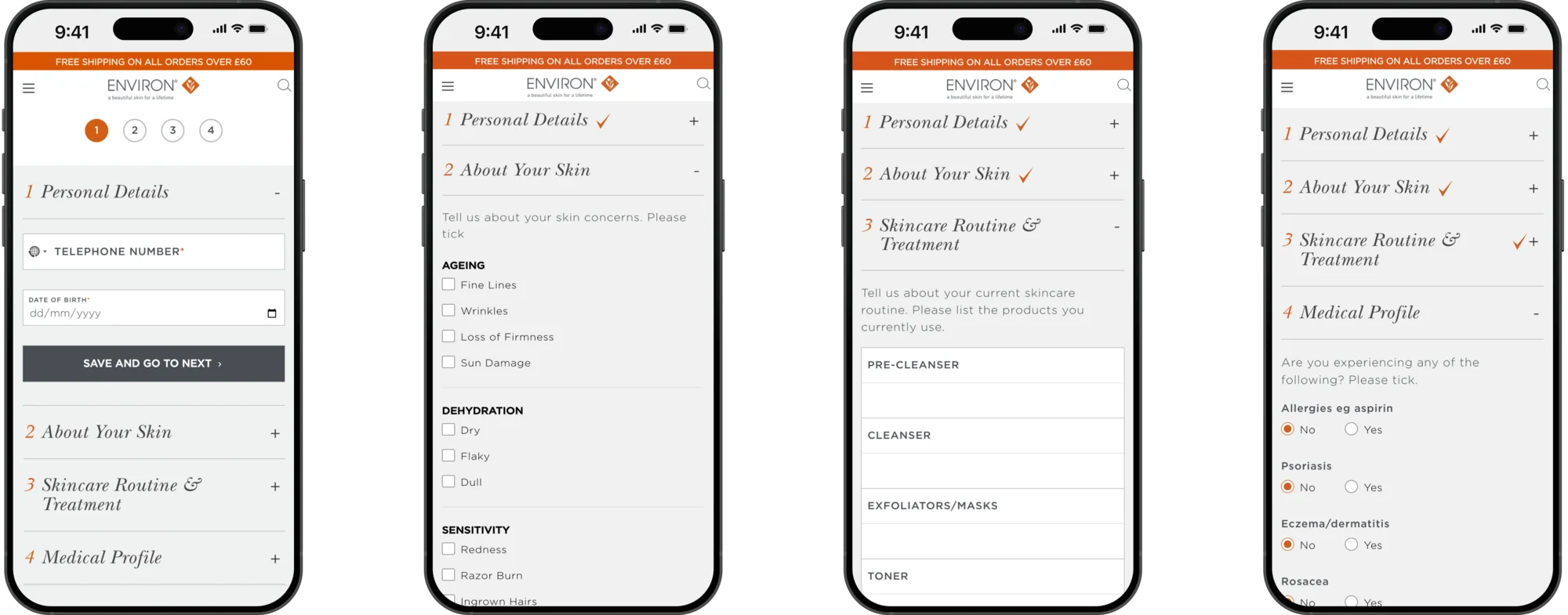 Environ Skin Health Questionnaire steps shown on mobile
