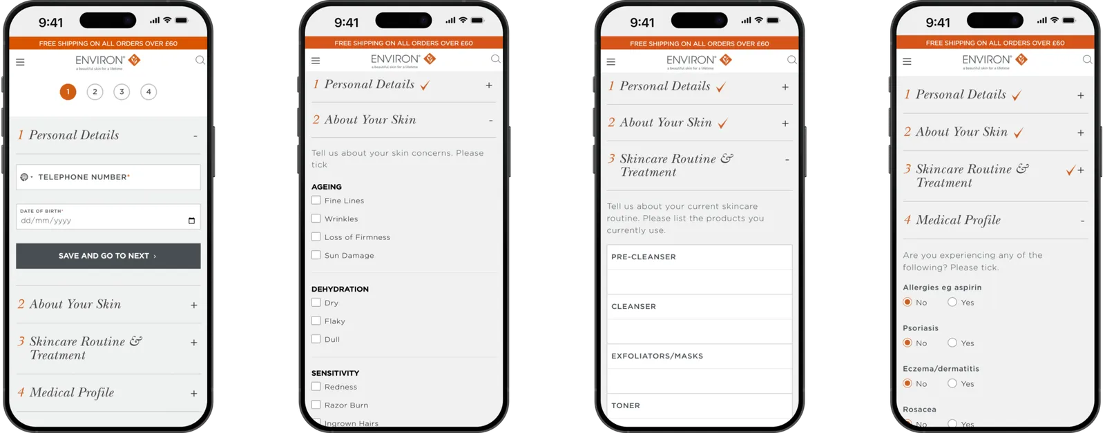 Environ Skin Health Questionnaire steps shown on mobile