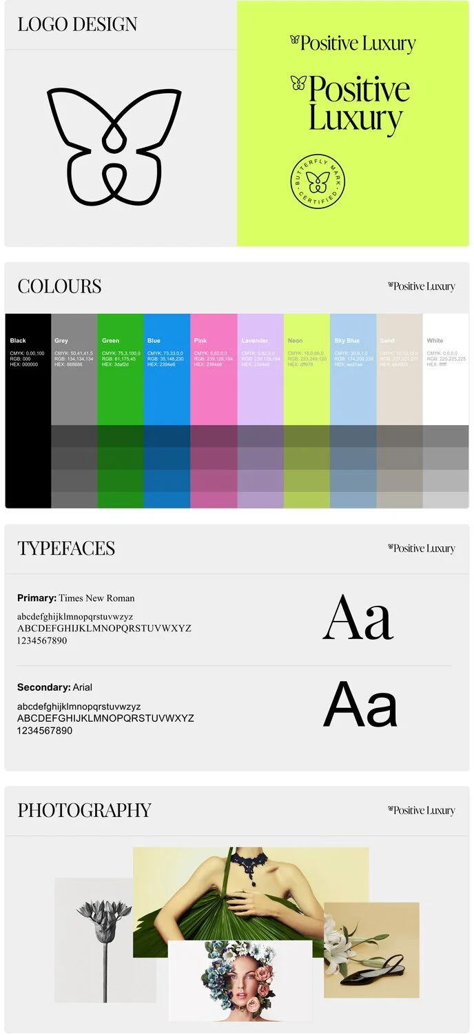 Positive Luxury brand guidelines showing the certification logo, colour palette, typefaces and photography direction. Original Butterfly icon designed by Barny Macaulay.