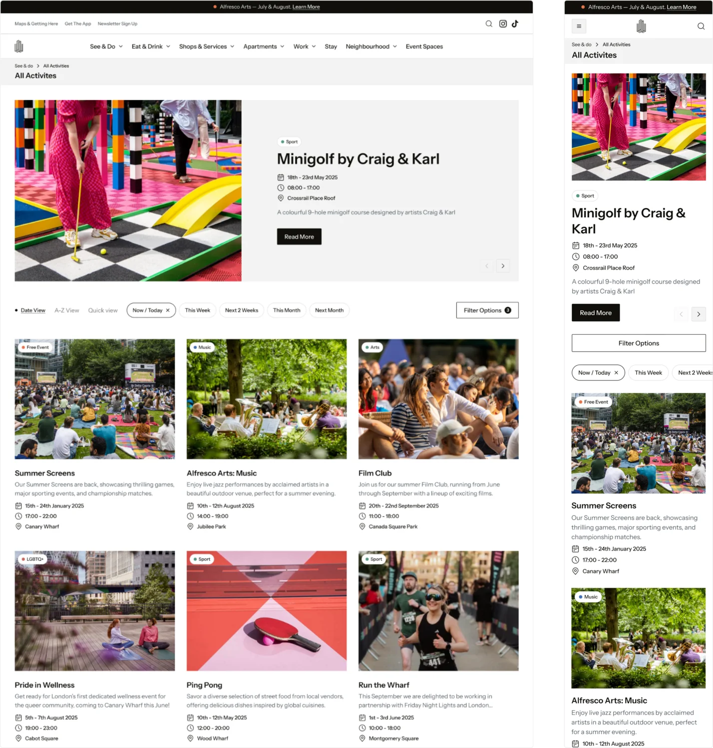 Canary Wharf events listing on desktop and mobile