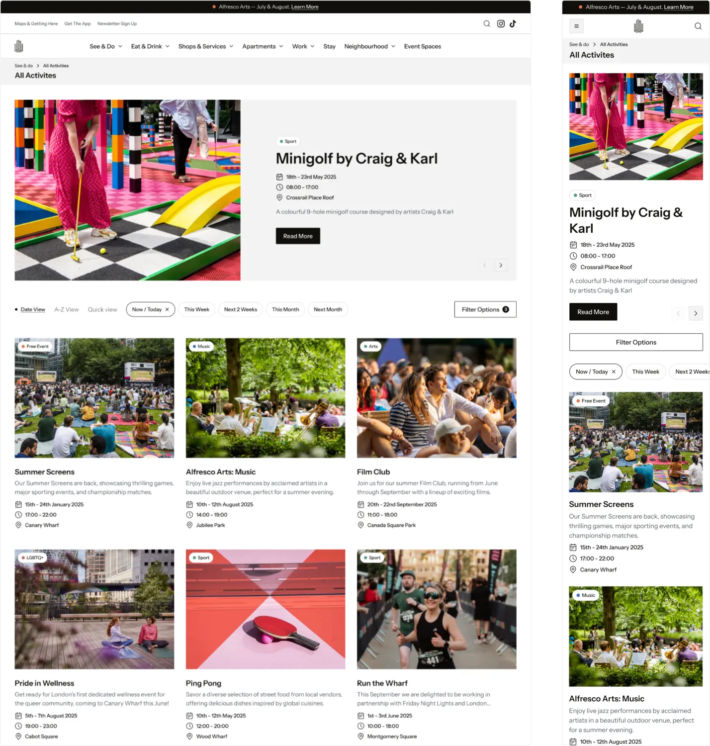 Canary Wharf events listing on desktop and mobile