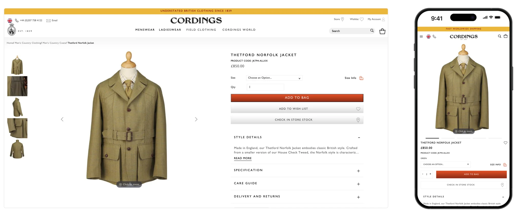 Cordings product page shown on desktop and mobile