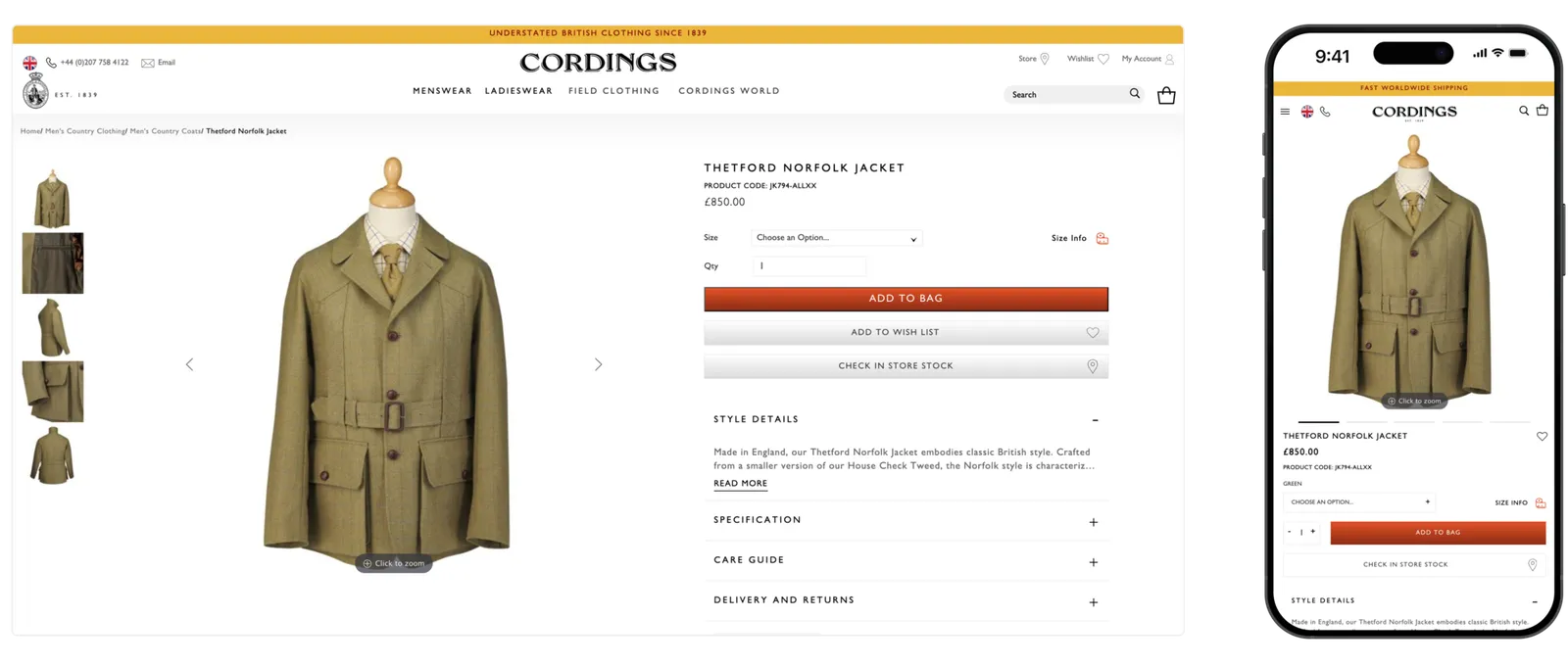 Cordings product page shown on desktop and mobile