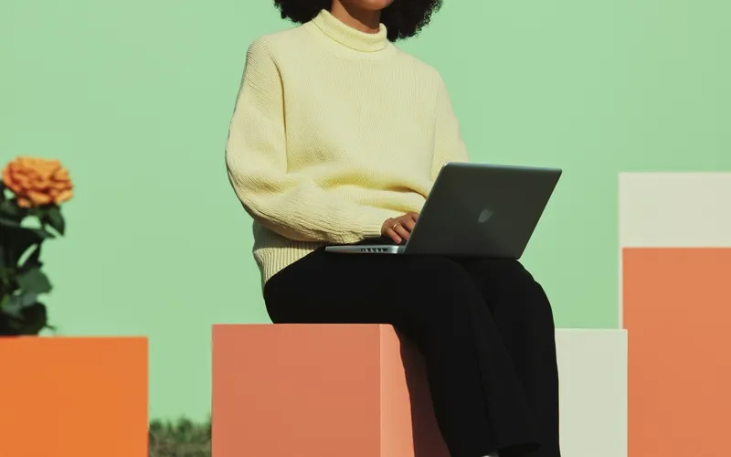 A woman it on a cube in a green screen studio with many other cubes around her. The ground is covered by artificial moss and rose bushes. She has a laptop in her lap, with both hand on the keyboard, and is looking down.