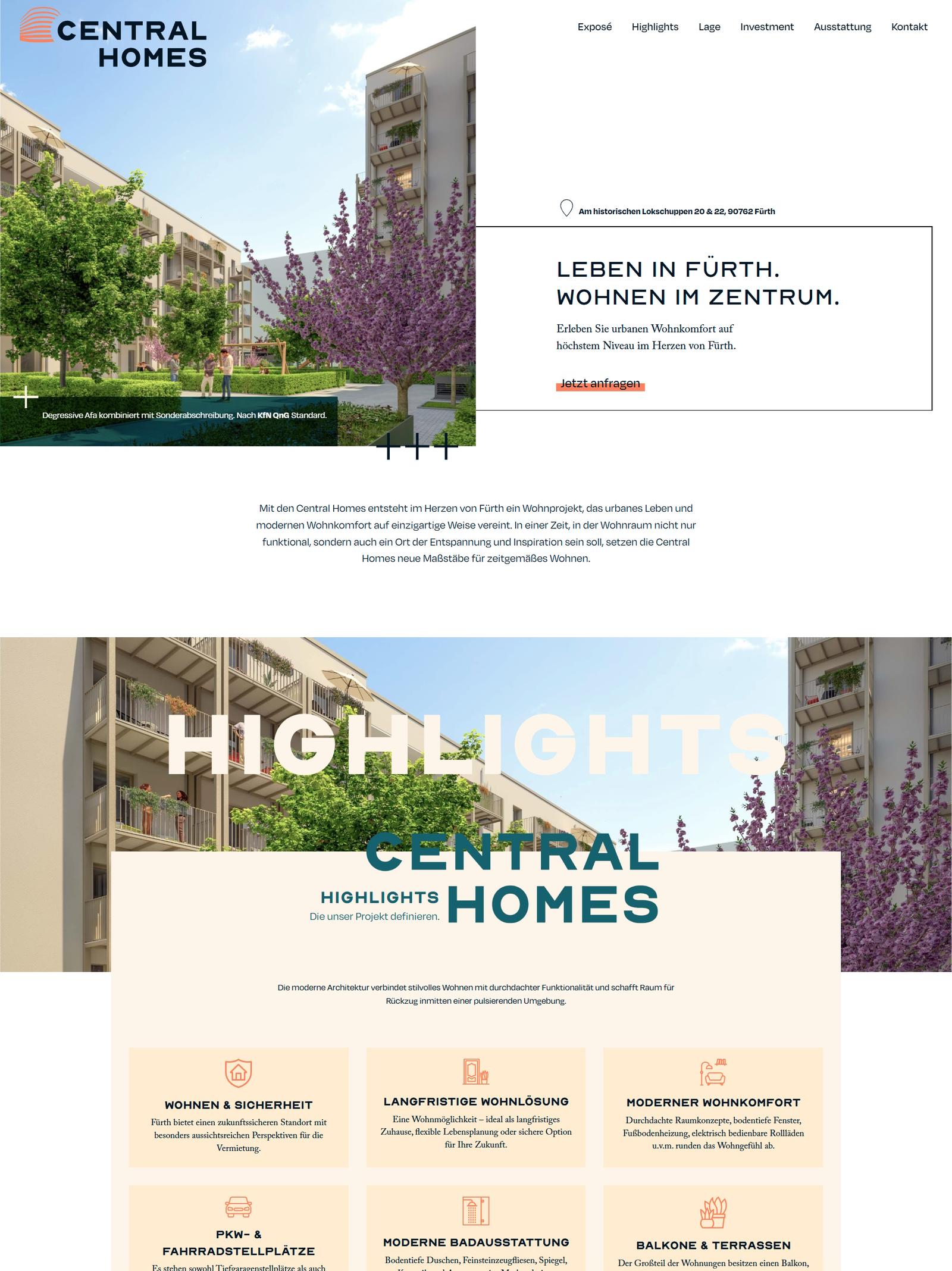 Screenshot der Central-Homes-Website mit Visualisierung der Wohnanlage, Claim „Leben in Fürth. Wohnen im Zentrum.“ und Highlights-Bereich