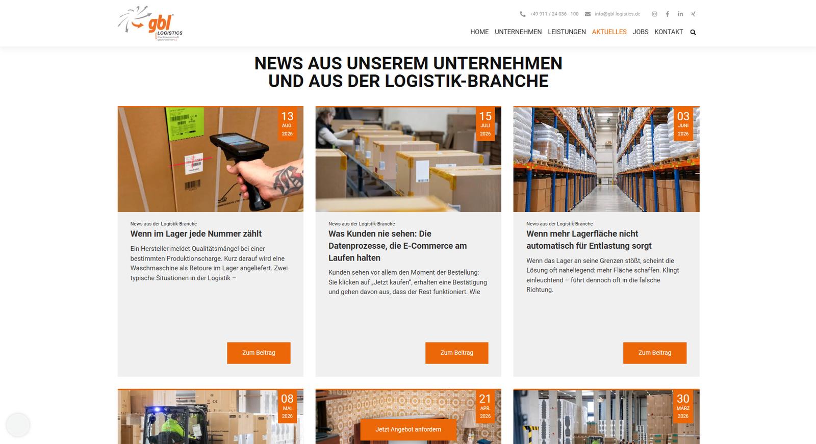 Newsbereich der gbl-Logistics-Website mit Fachbeiträgen zu Lager, Datenprozessen und Lagerfläche