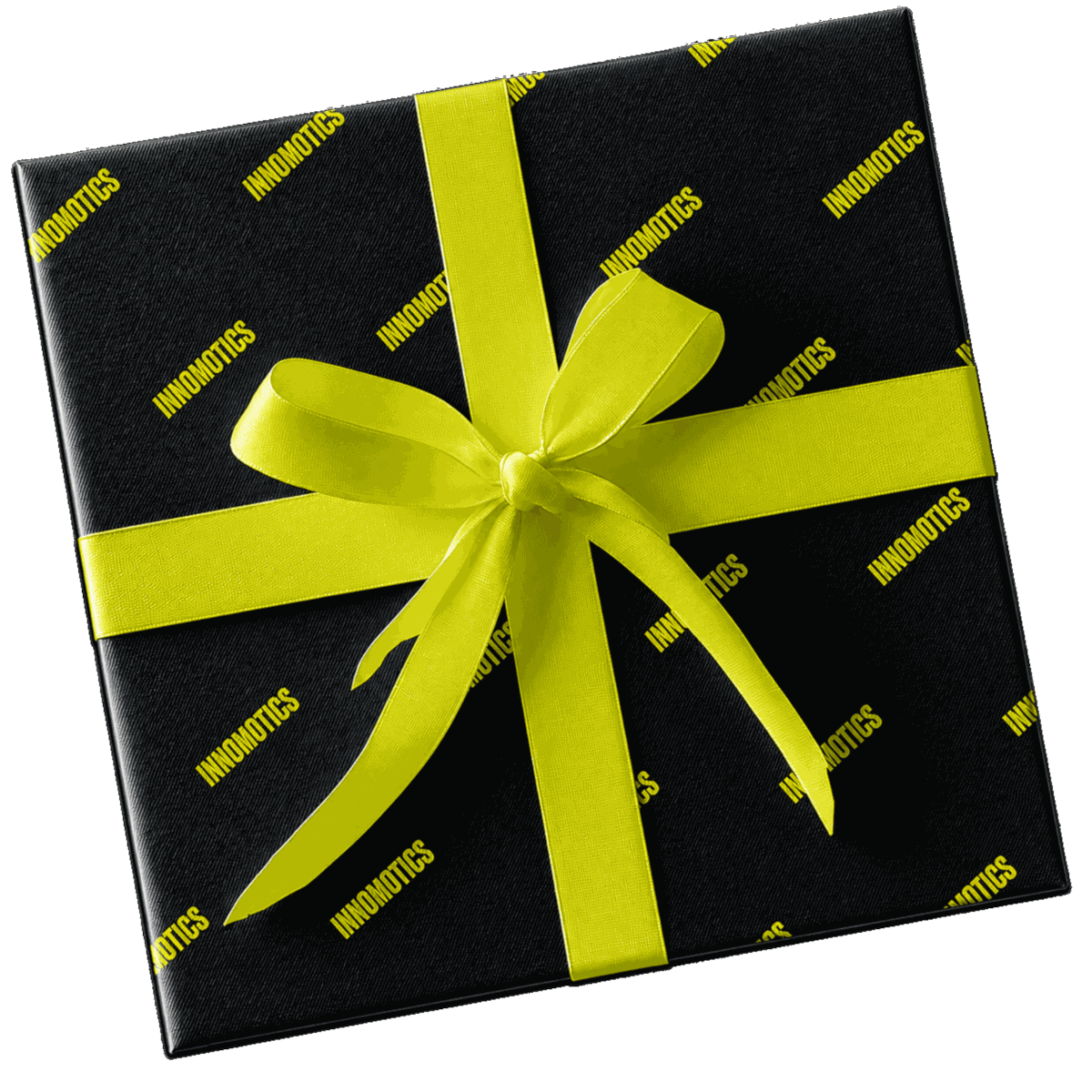 Geschenkbox in schwarzem Geschenkpapier mit gelbem Innomotics-Logomuster und gelber Satinschleife, Aufsicht