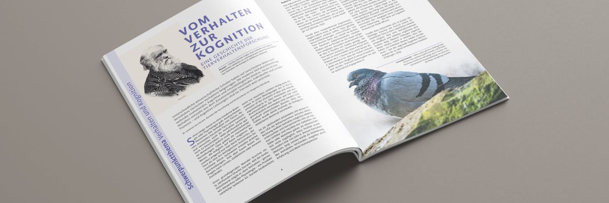 Doppelseite „Vom Verhalten zur Kognition“ mit Porträt von Charles Darwin und einer Taube