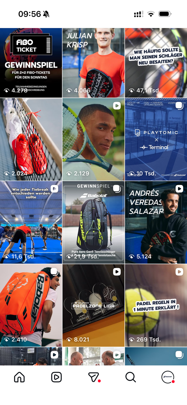 Smartphone-Screenshot der Babolat-Instagram-Beitragsübersicht mit Aufrufzahlen bis zu 269 Tsd.