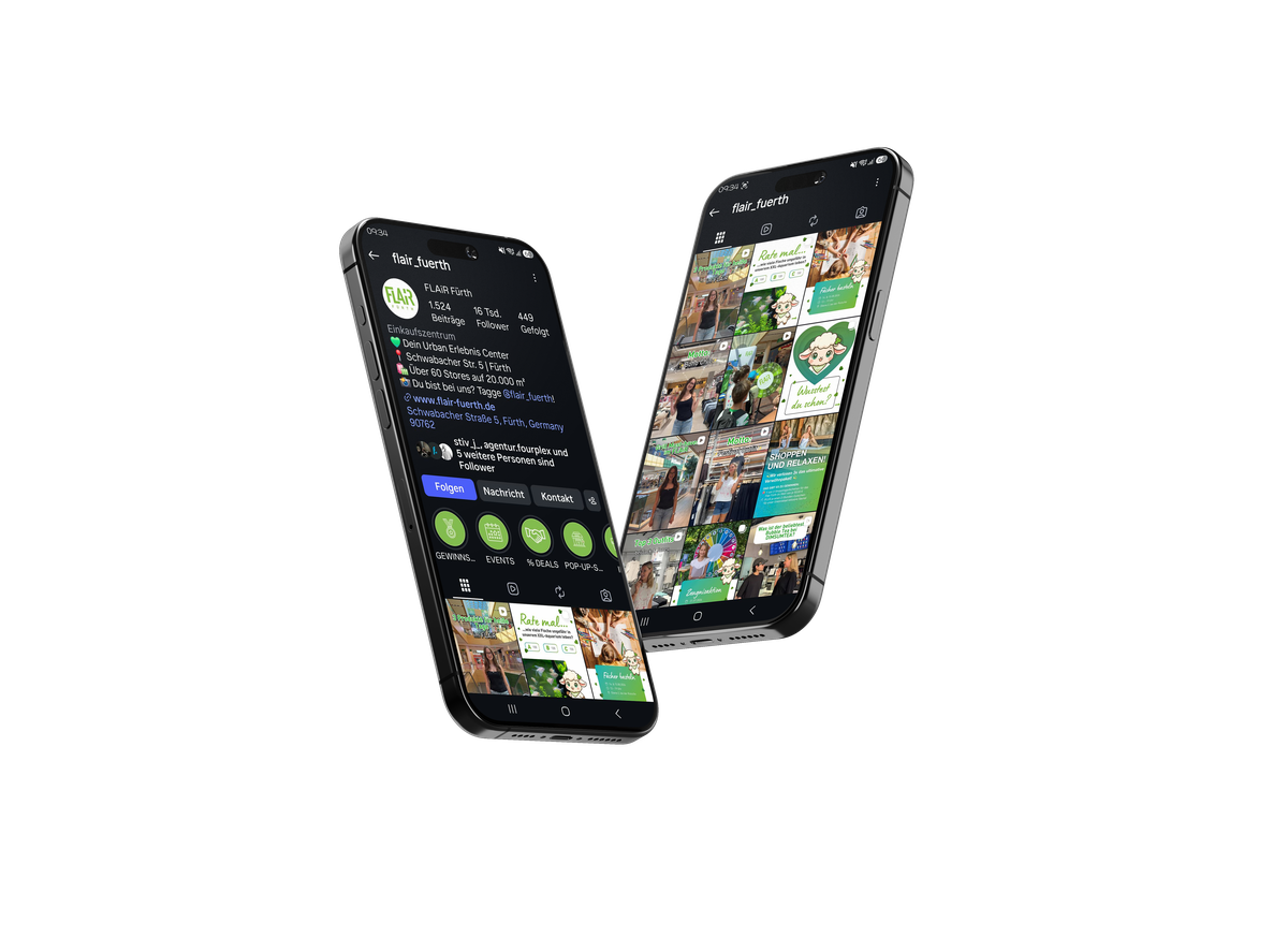 Mockup: zwei schwebende Smartphones mit dem Instagram-Kanal @flair_fuerth – links die Profilseite mit Highlights, rechts der Feed mit FLAiRY- und Aktions-Posts