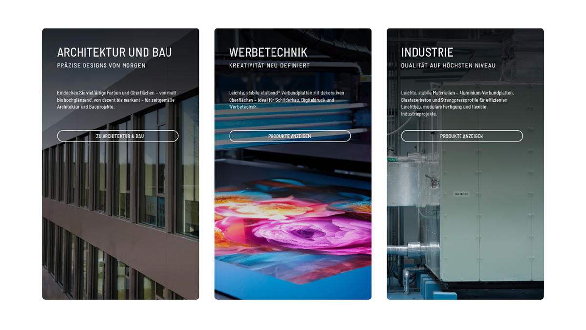Drei Bildkacheln der CONAE-Website für die Bereiche Architektur und Bau, Werbetechnik und Industrie, jeweils mit Kurztext und Button
