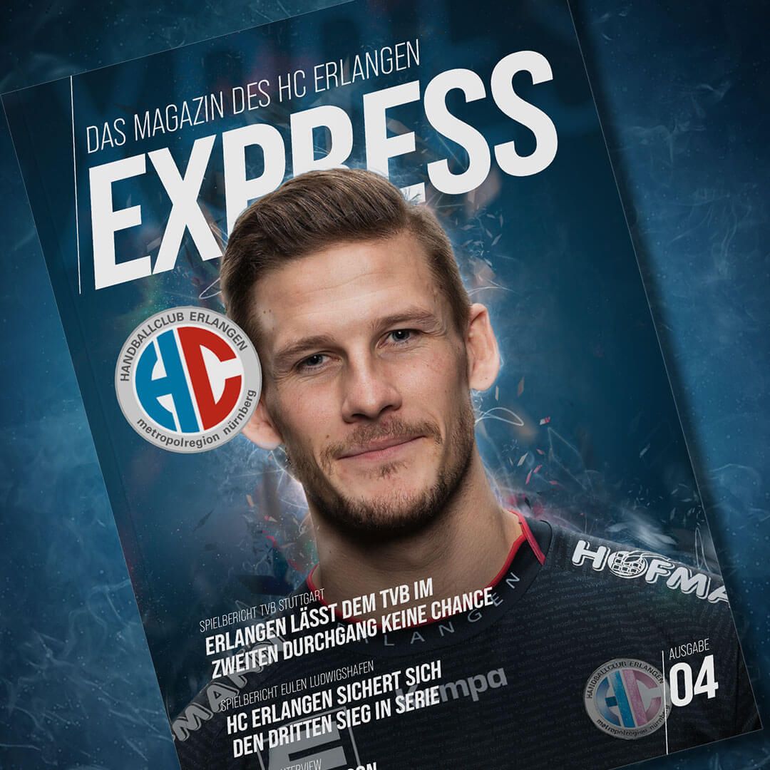 Titelseite des Stadionmagazins HC Express, Ausgabe 04, mit Spielerporträt vor blauem Hintergrund und dem Vereinslogo des HC Erlangen