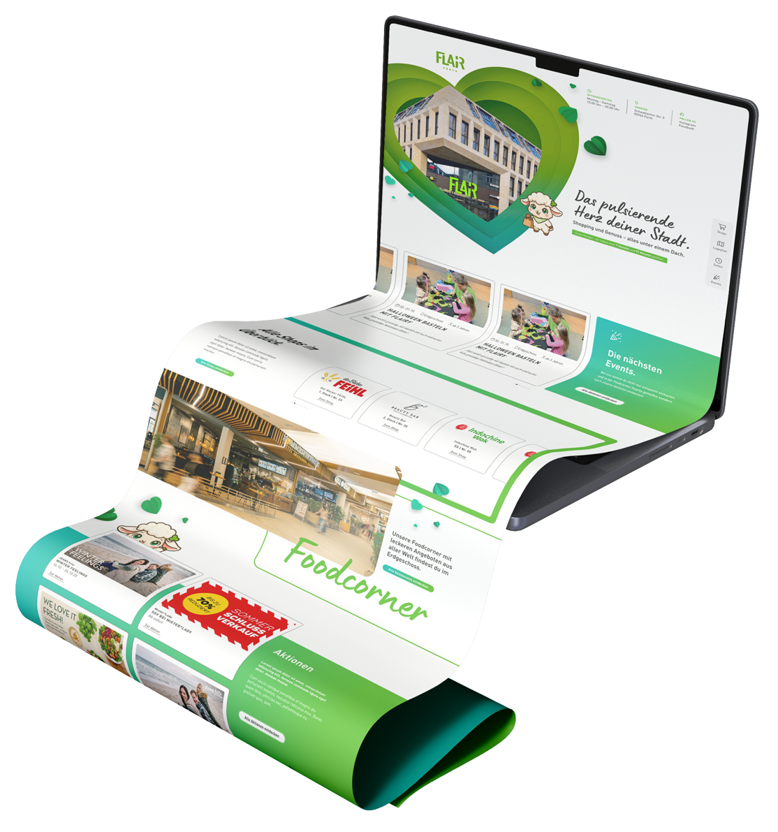Mockup: Laptop mit der neuen FLAiR-Fürth-Website, die Startseite fließt als langes Band aus dem Bildschirm – Herz-Hero, Events, Foodcorner und Aktionen