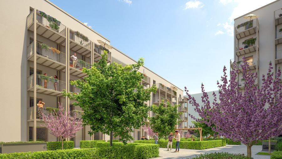 Architekturvisualisierung der Wohnanlage Central Homes in Fürth mit begrünten Balkonen und blühenden Bäumen im Innenhof