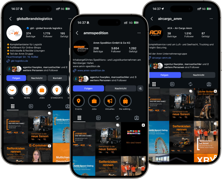 Instagram-Profile von gbl Logistics, amm Spedition und ACA Air Cargo auf drei Smartphones