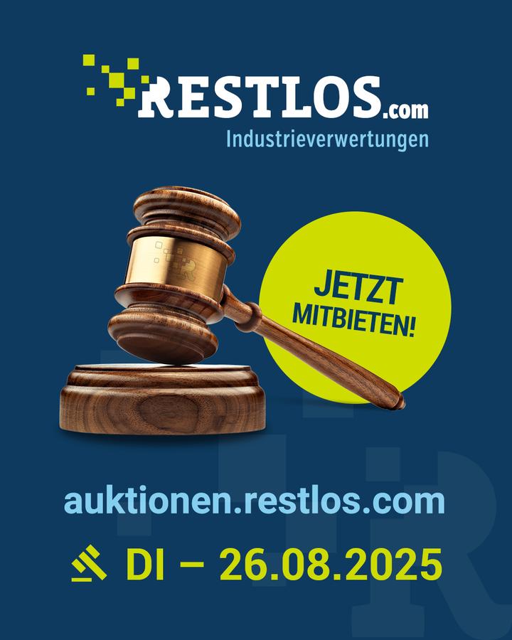Social-Media-Post von Restlos: Auktionshammer auf dunkelblauem Grund mit Störer „Jetzt mitbieten!“ und Auktionstermin 26.08.2025