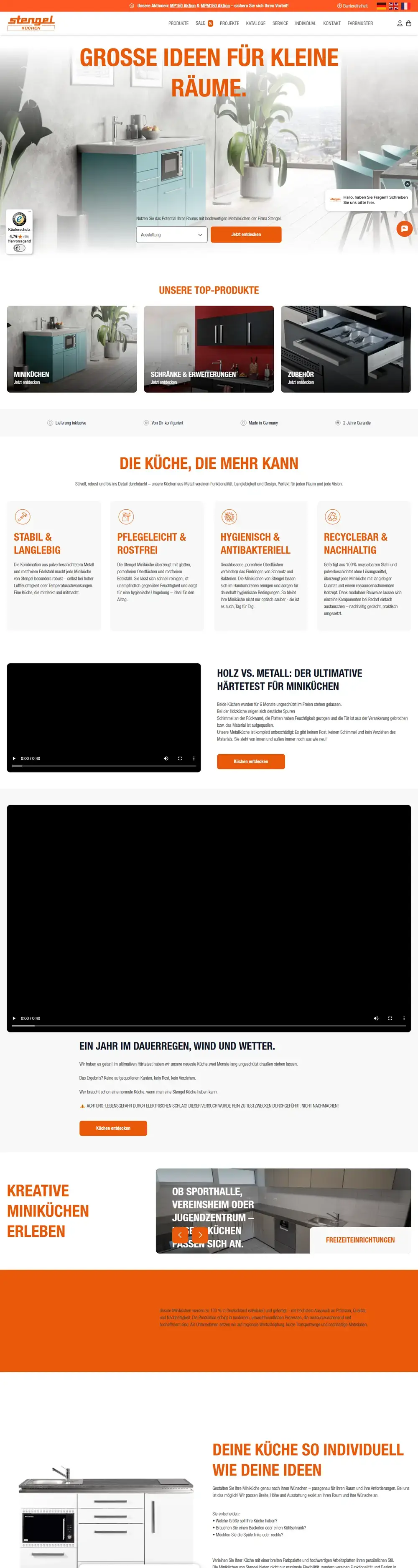 Kompletter Shopify-Onlineshop von Stengel Miniküchen, umgesetzt von fourplex