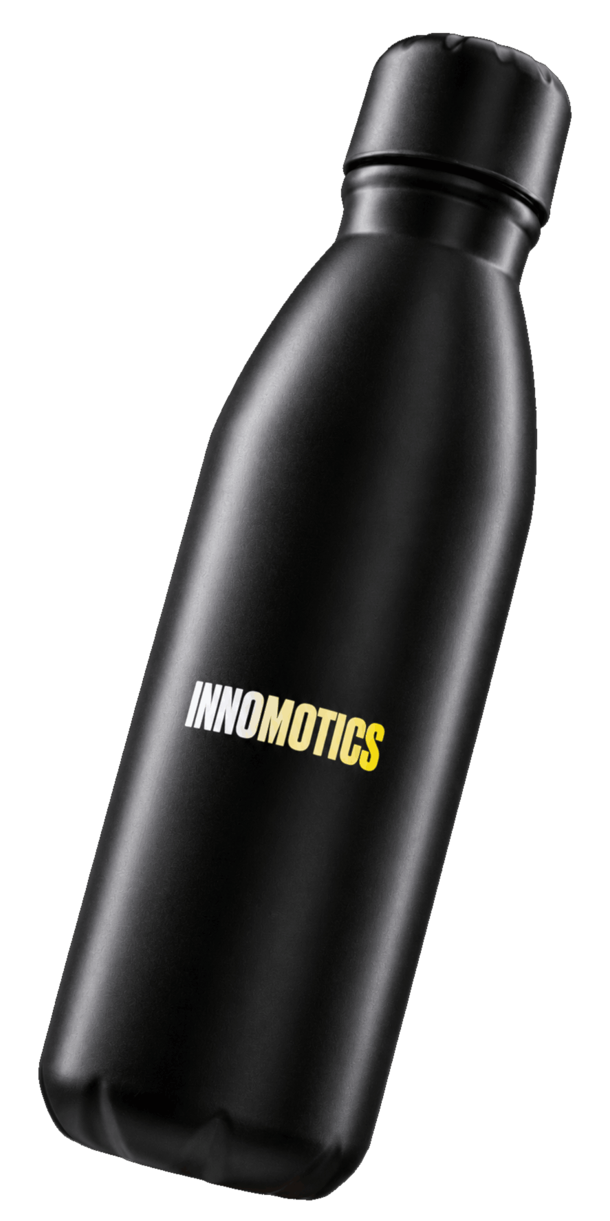 Schwarze Edelstahl-Trinkflasche mit weiß-gelbem Innomotics-Schriftzug, freigestellt