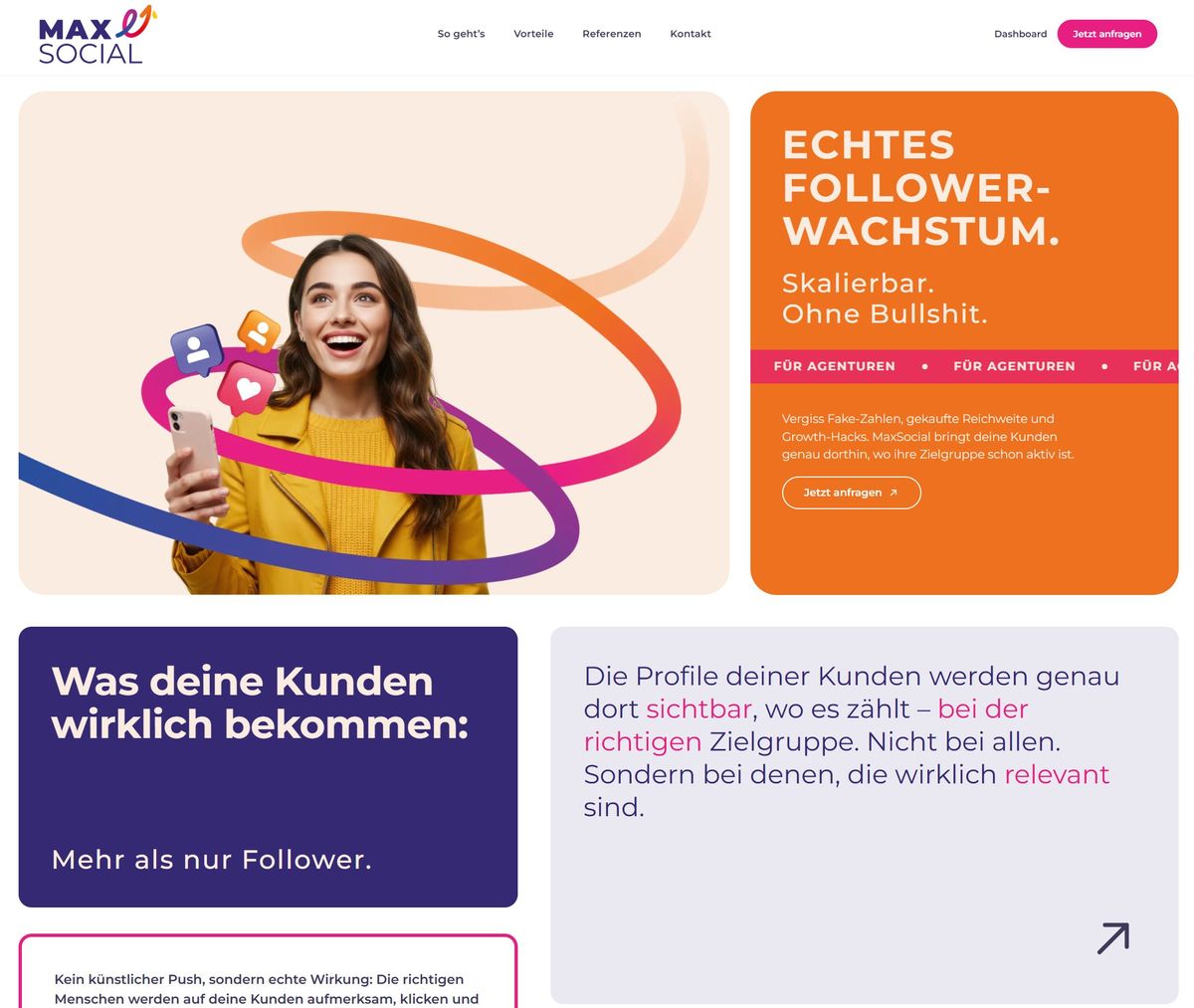Startseite der Website max-social.de mit lachender Frau mit Smartphone im Hero, orangefarbener Claim-Kachel „Echtes Follower-Wachstum.“ und violetten Inhaltskacheln