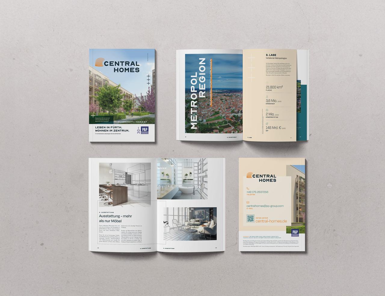Central-Homes-Exposé von oben auf grauem Untergrund: Titelseite, Doppelseiten zu Lage und Ausstattung sowie Rückseite mit Kontaktdaten