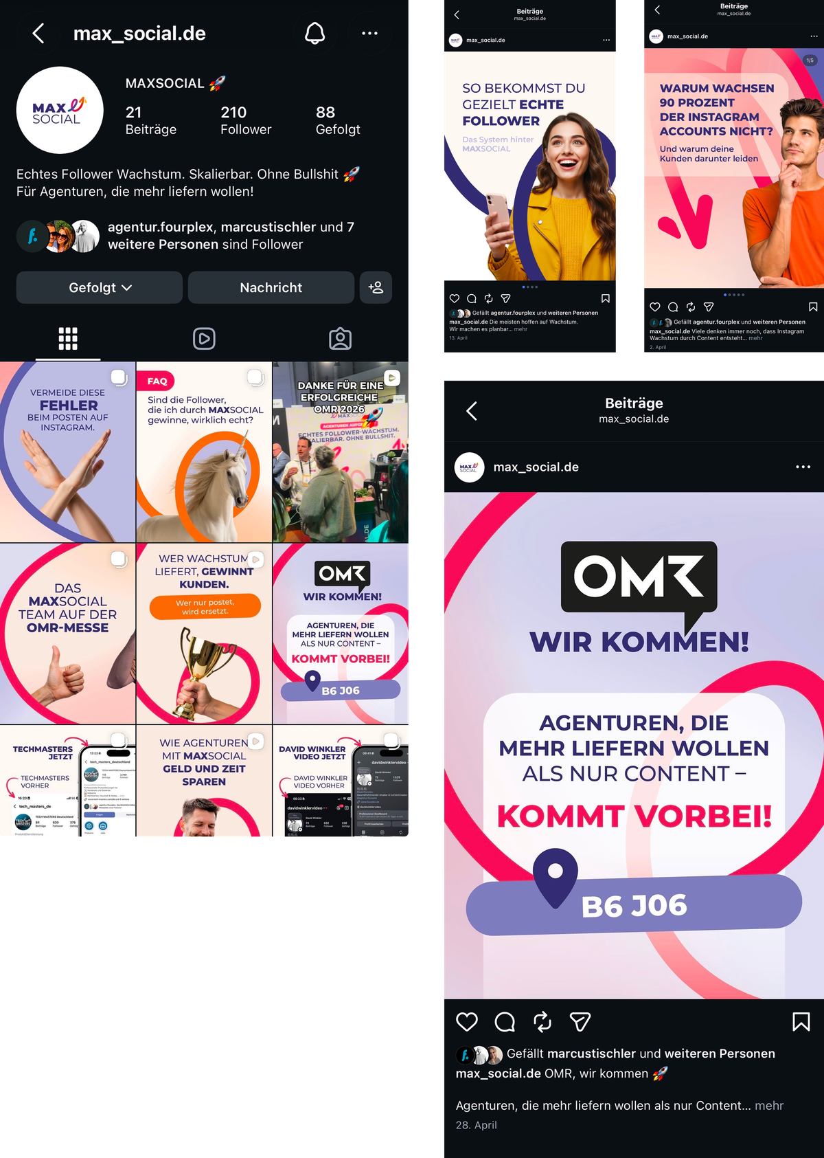 Screenshots des Instagram-Accounts @max_social.de: Profil mit Beitragsraster, zwei Karussell-Beiträge und ein Post „OMR – Wir kommen!“ mit Standnummer B6 J06