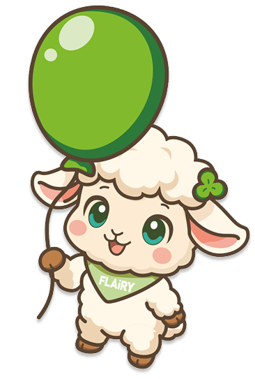 Illustration: Maskottchen FLAiRY, ein Schaf mit Kleeblatt und FLAiRY-Halstuch, schwebt an einem grünen Luftballon