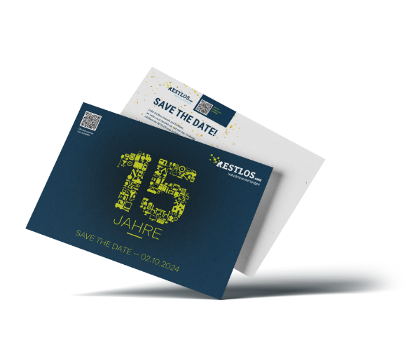 Mockup zweier Save-the-Date-Karten zum 15-jährigen Jubiläum von Restlos mit dem Datum 02.10.2024