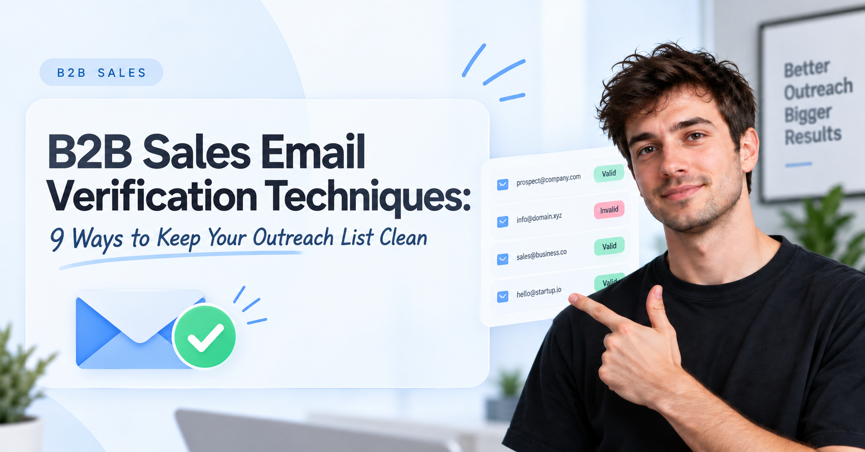Illustration showing B2B email verification with a validated and invalid email example