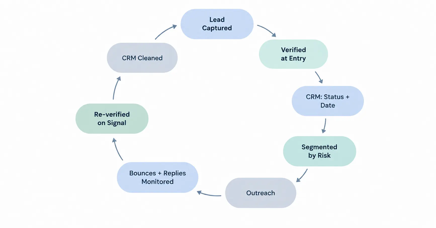 Circular diagram showing the B2B email verification loop: lead captured, verified at entry, CRM updated with status and date, segmented by risk, outreach, bounces and replies monitored, re-verified on signal, CRM cleaned, and back to lead captured.