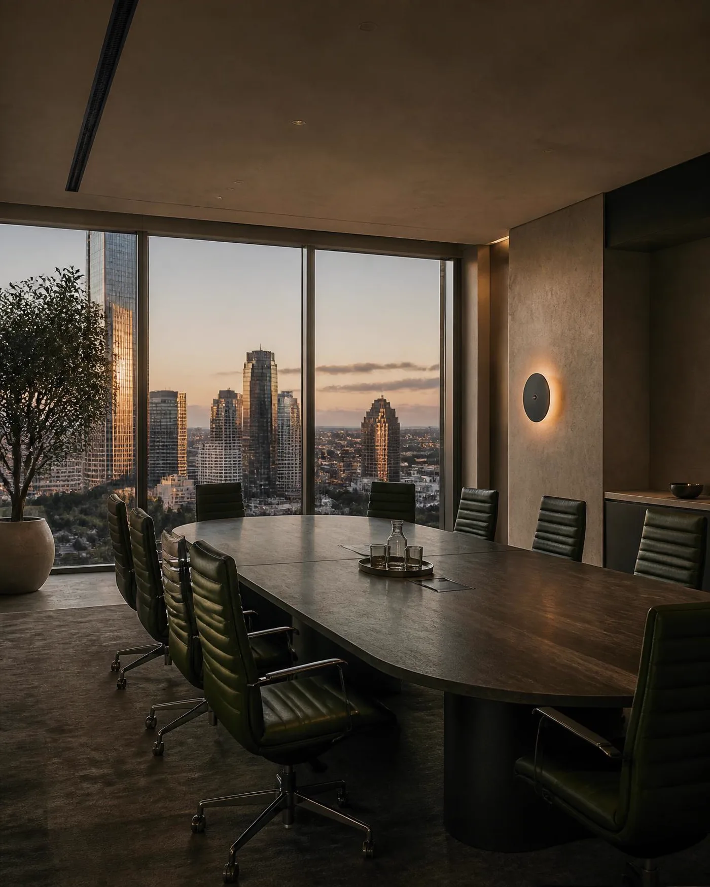 Boardroom overlooking a city skyline at dusk