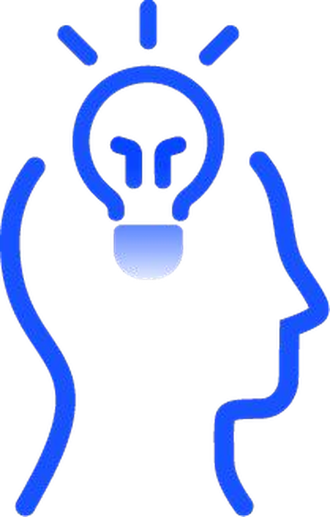 Line drawing of a head with a lightbulb