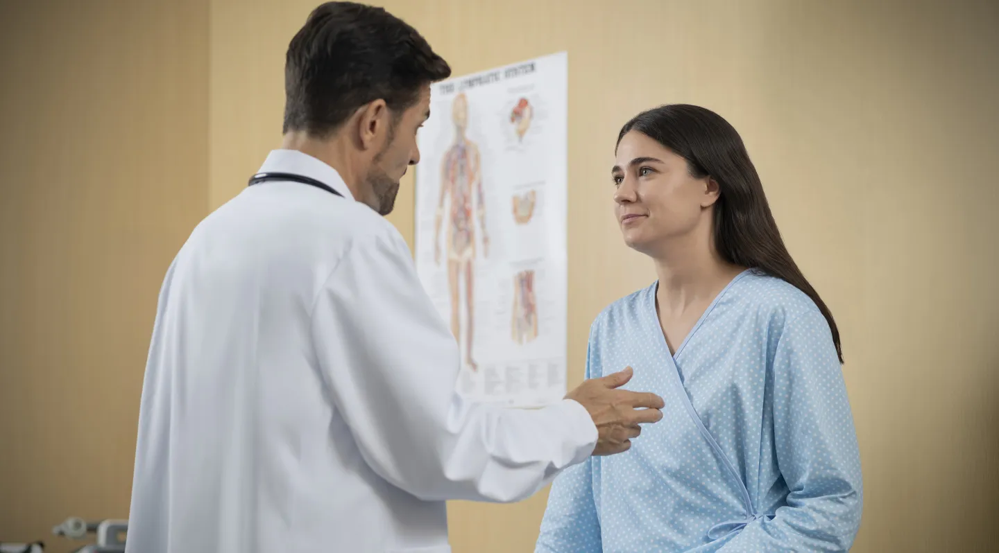 A clinician talking with a patient beside an anatomy chart