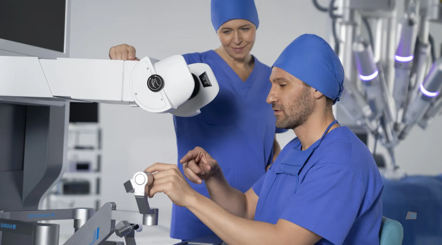Two clinicians training at the SHURUI system in an operating room