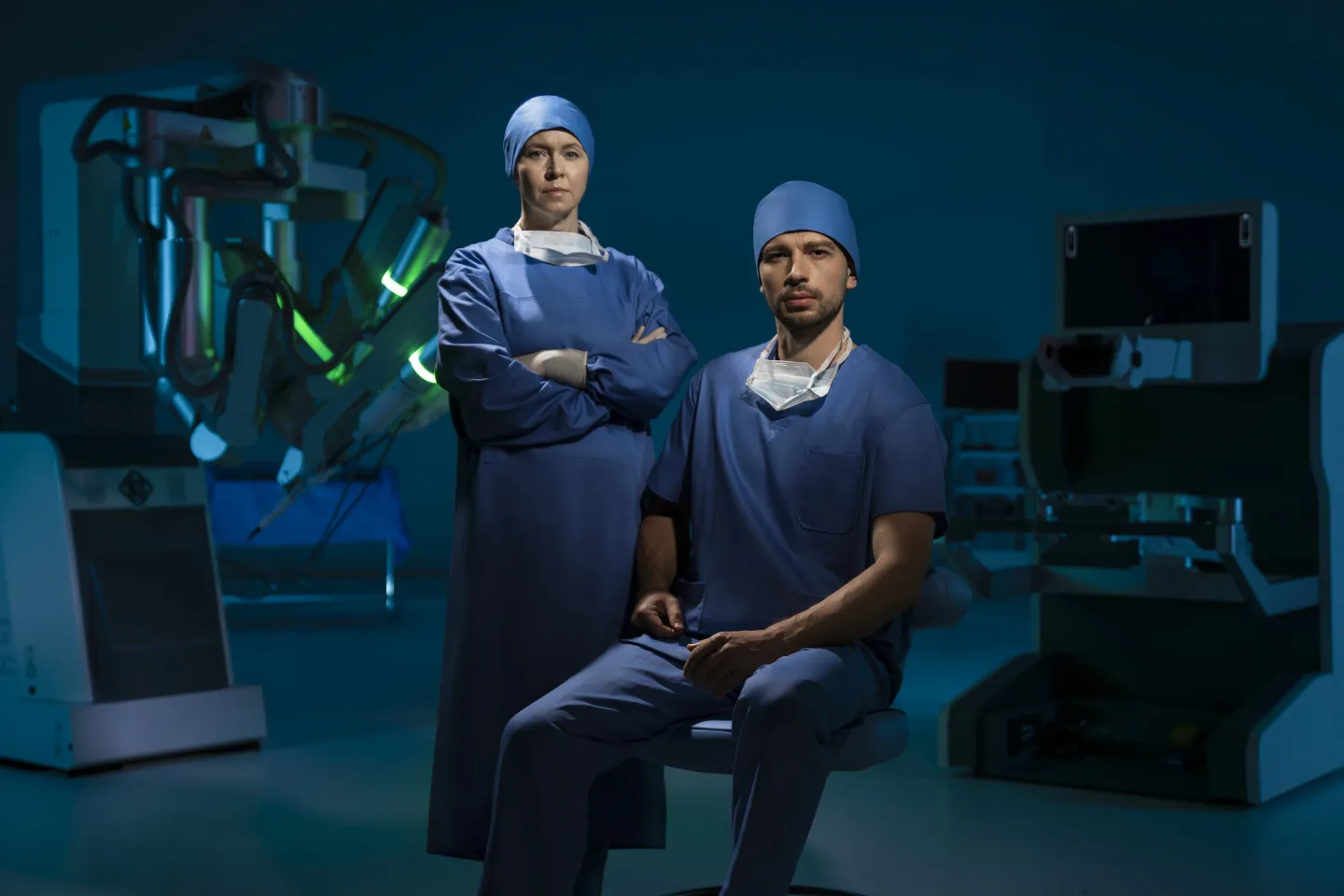 Two surgeons in scrubs seated beside the SHURUI system