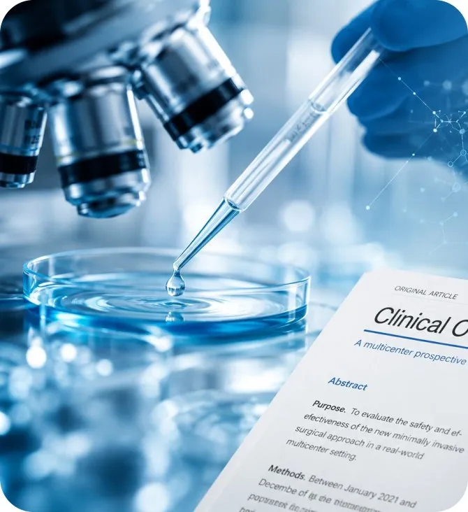 A pipette over a petri dish beside a printed clinical paper