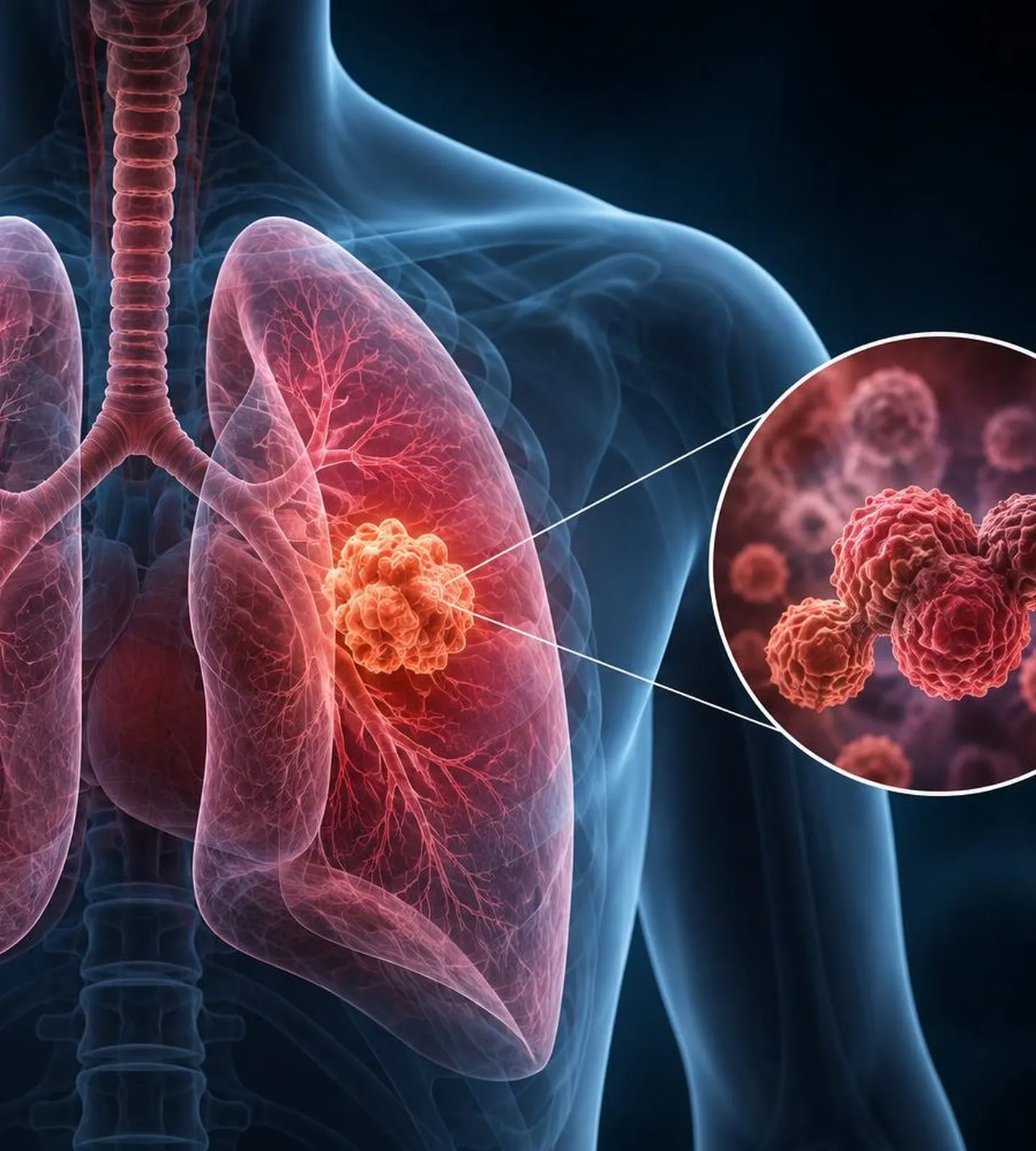 Illustration of lungs with a tumour magnified