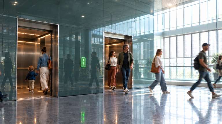 Blik omhoog in een liftschacht met stalen geleiders en betonnen wanden