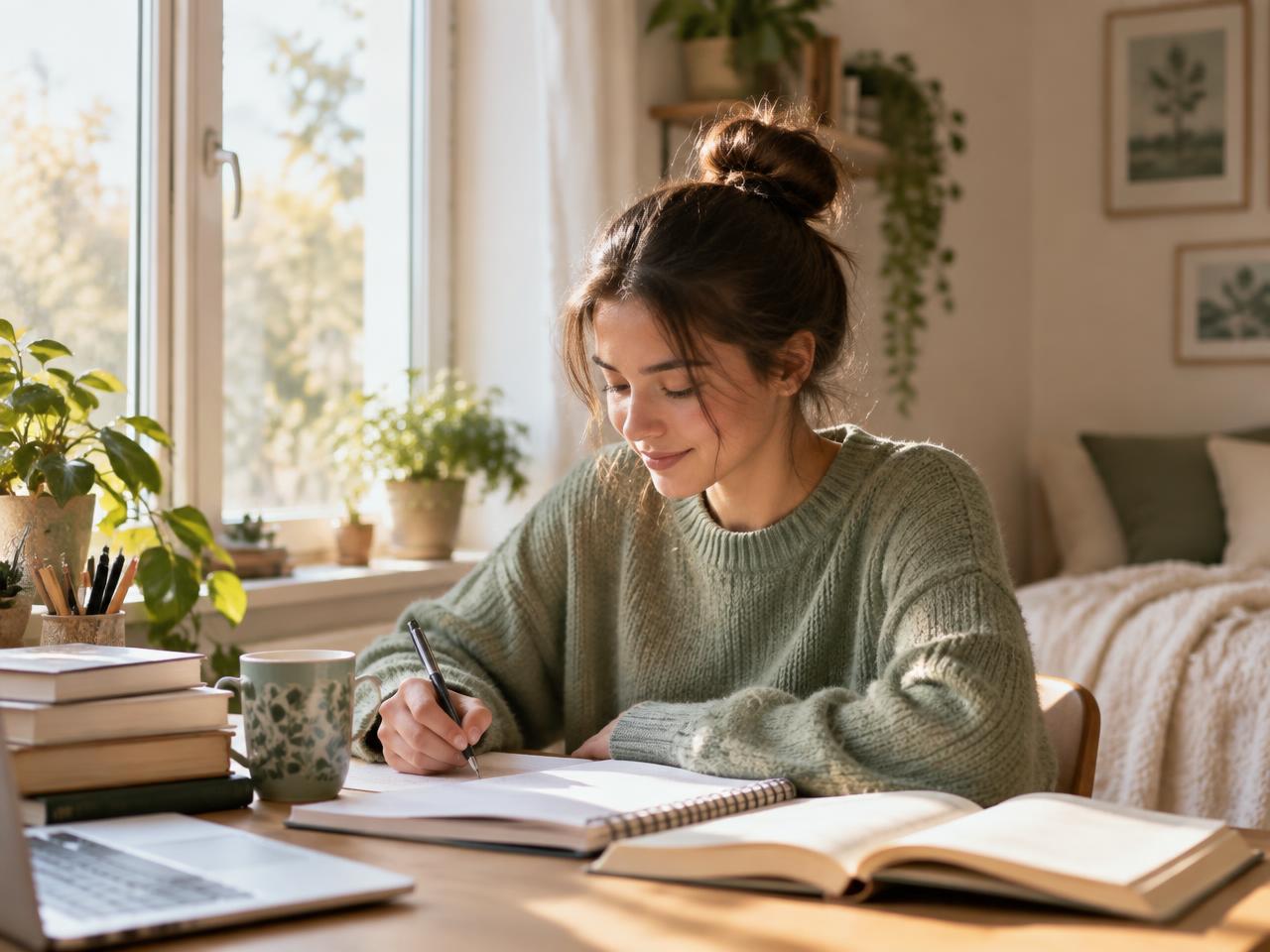 A student writing in a notebook by a sunlit window