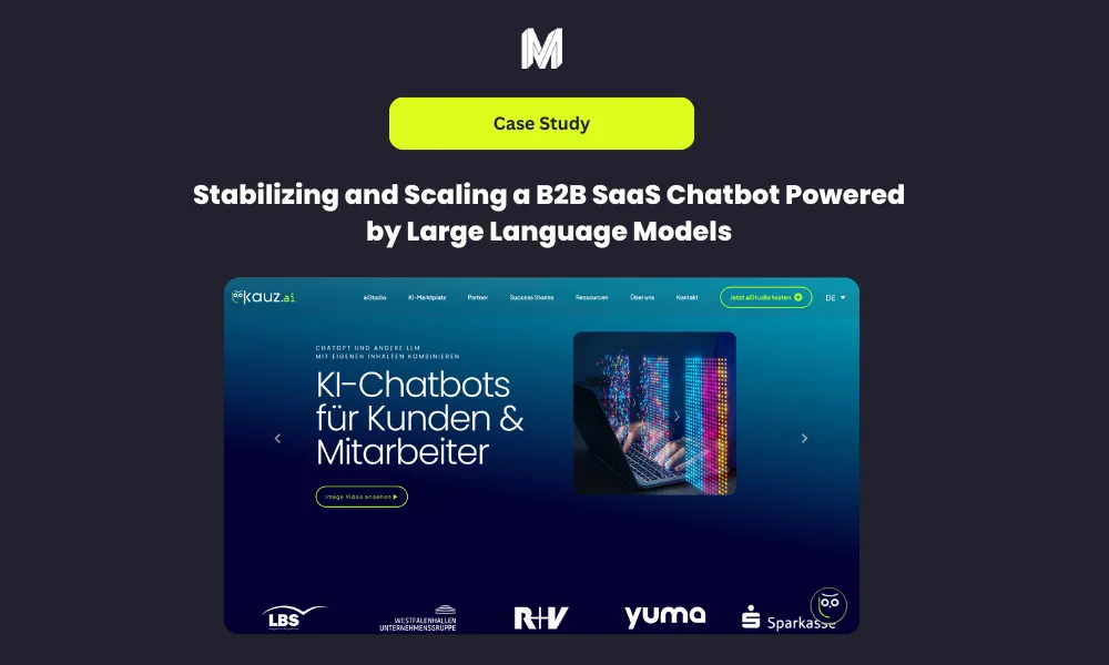 Website screenshot with a case study titled "Stabilizing and Scaling a B2B SaaS Chatbot Powered by Large Language Models," featuring a chatbot interface.