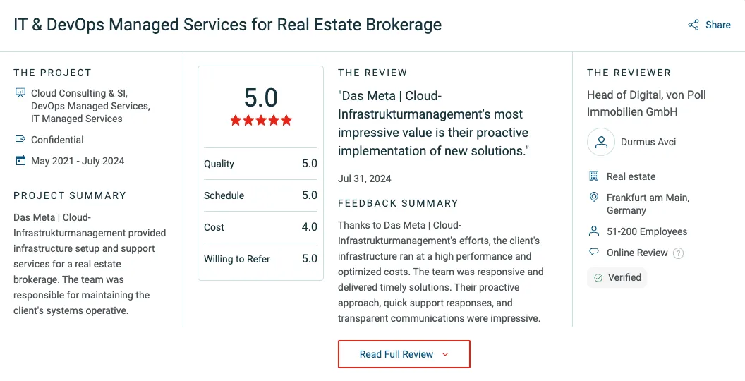 A project summary for IT & DevOps Managed Services in real estate, highlighting a 5-star rating and client feedback on proactive solutions.