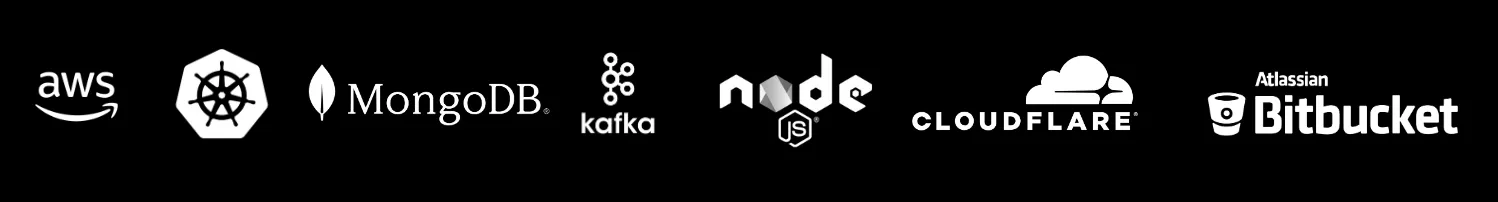 Logos of AWS, Kubernetes, MongoDB, Kafka, Node.js, Cloudflare, and Bitbucket on a black background.