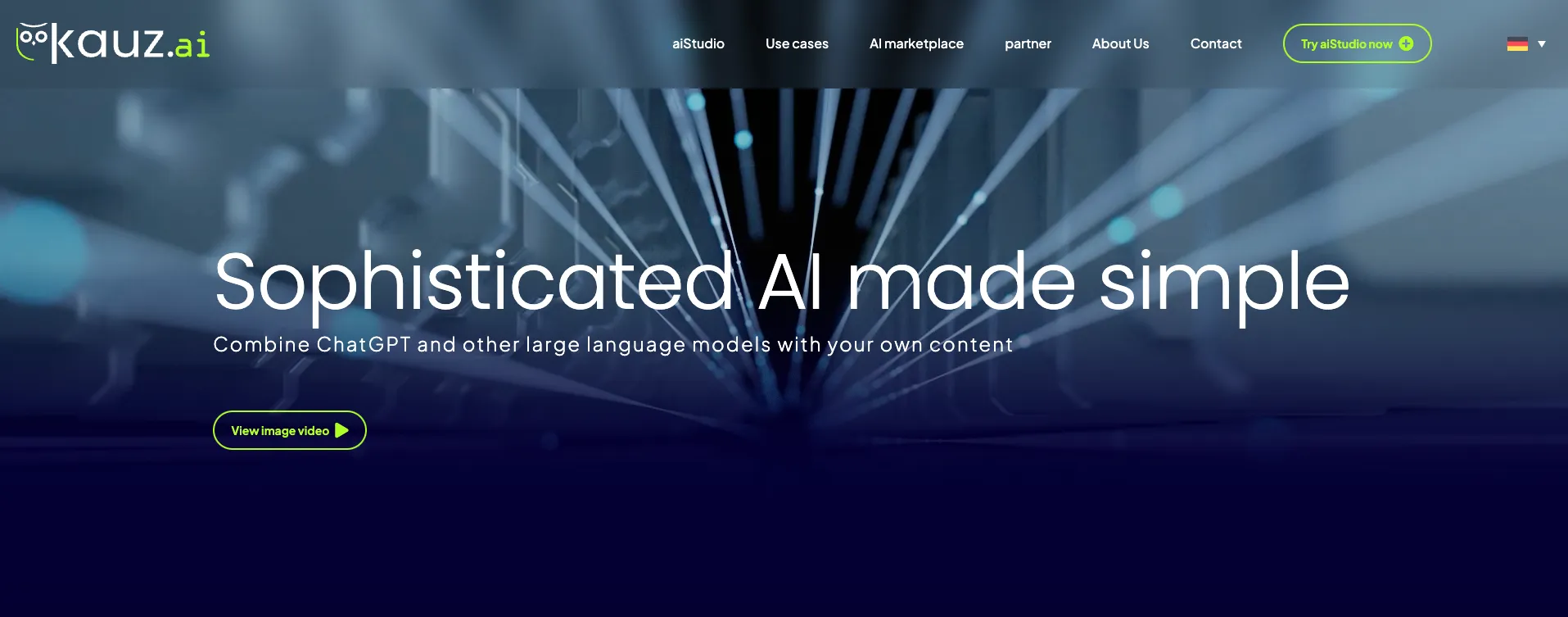 Website homepage with a blurred background, featuring the text "Sophisticated AI made simple" and navigation links at the top.