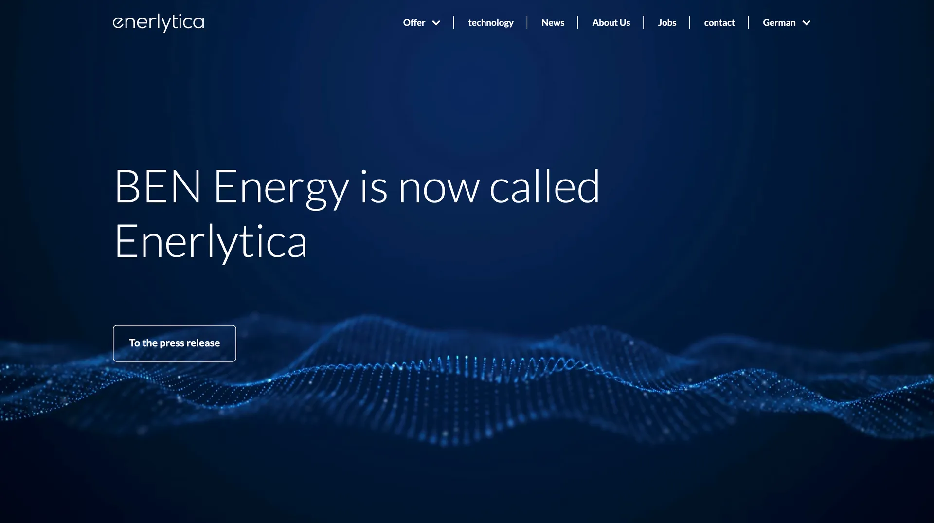 Dark blue webpage announcing "BEN Energy is now called Enerlytica" with a wavy digital pattern and navigation menu at the top.