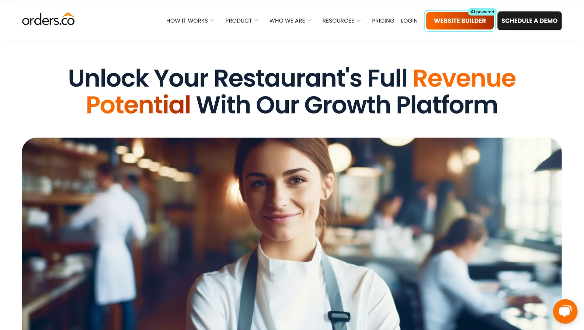 Smiling chef in a kitchen with text: "Unlock Your Restaurant's Full Revenue Potential With Our Growth Platform."